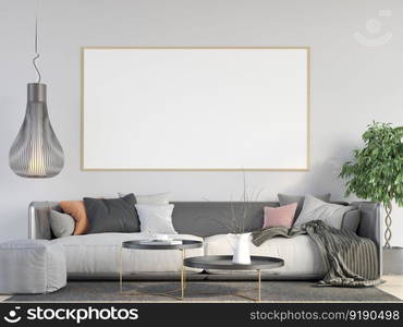 3D illustration mockup photo frame on the wall in living room, scandinavian style interior with cozy furniture and houseplant in natural decoration concept, rendering