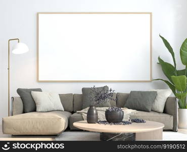 3D illustration mockup photo frame on the wall in living room, scandinavian style interior with cozy furniture and houseplant in natural decoration concept, rendering