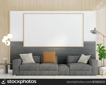 3D illustration mockup photo frame on the wall in living room, scandinavian style interior with cozy furniture and houseplant in natural decoration concept, rendering