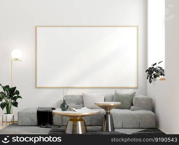 3D illustration mockup photo frame on the wall in living room, scandinavian style interior with cozy furniture and houseplant in natural decoration concept, rendering