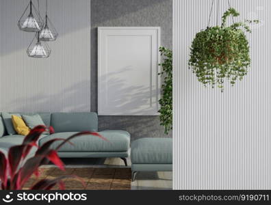 3D illustration mockup photo frame on the wall in living room, scandinavian style interior with cozy furniture and houseplant in natural decoration concept, rendering