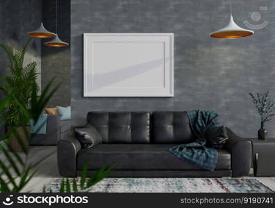 3D illustration mockup photo frame on the wall in living room, scandinavian style interior with cozy furniture and houseplant in natural decoration concept, rendering