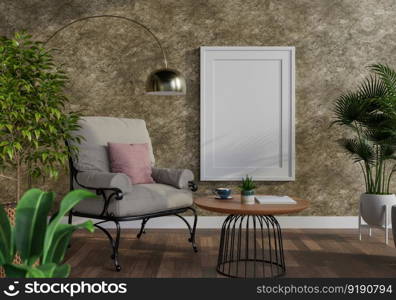 3D illustration mockup photo frame on the wall in living room, scandinavian style interior with cozy furniture and houseplant in natural decoration concept, rendering