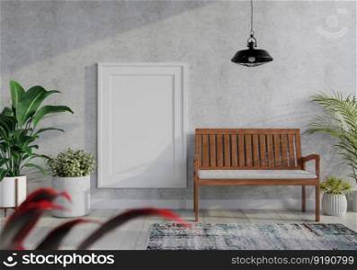 3D illustration mockup photo frame on the wall in living room, scandinavian style interior with wooden chair and houseplant in natural decoration concept, rendering