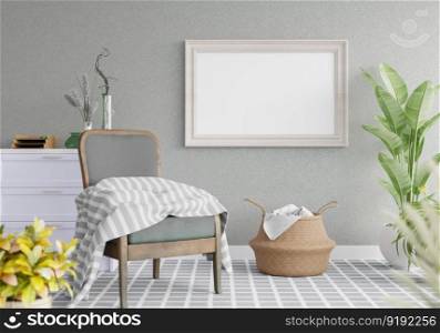 3D illustration mockup photo frame on the wall in living room, scandinavian sty≤∫erior with cozy furniture and houseplant in natural decoration concept, rendering