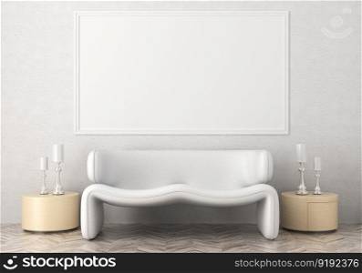 3D illustration mockup photo frame on the wall in living room, scandinavian style interior with cozy furniture, rendering

