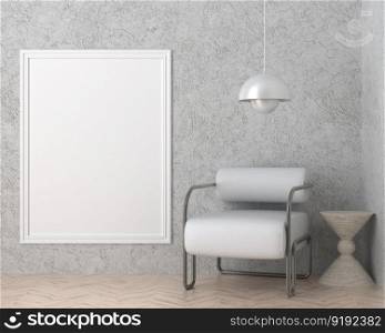 3D illustration mockup photo frame on the wall in living room, scandinavian style interior with cozy furniture, rendering

