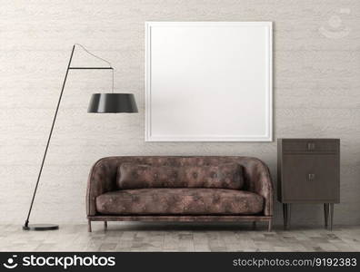 3D illustration mockup photo frame on the wall in living room, scandinavian style interior with cozy furniture, rendering

