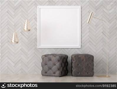 3D illustration mockup photo frame on the wall in living room, scandinavian style interior with cubic chair and lamp rendering