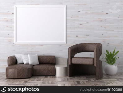 3D illustration mockup photo frame on the wall in living room, scandinavian style interior with cozy furniture, rendering