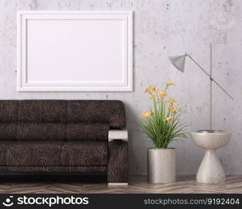 3D illustration mockup photo frame on the wall in living room, scandinavian style interior with cozy furniture, rendering