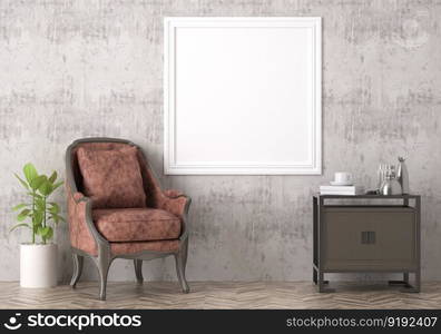 3D illustration mockup photo frame on the wall in living room, scandinavian style interior with cozy furniture, rendering