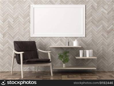 3D illustration mockup photo frame on the wall in living room, scandinavian style interior with cozy furniture, rendering
