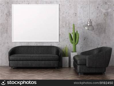 3D illustration mockup photo frame on the wall in living room, scandinavian style interior with cozy furniture and plant pot decoration concept, rendering