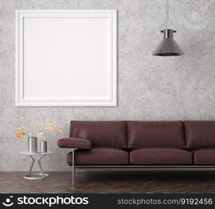 3D illustration mockup photo frame on the wall in living room, scandinavian style interior with cozy furniture, rendering