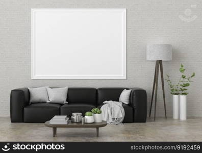 3D illustration mockup photo frame on the wall in living room, scandinavian style interior with cozy furniture, rendering