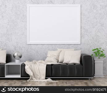 3D illustration mockup photo frame on the wall in living room, scandinavian style interior with cozy furniture decoration concept, rendering