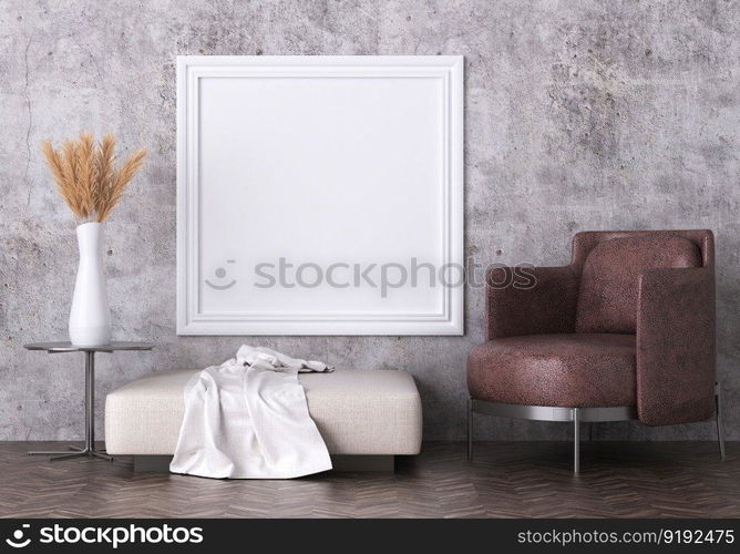 3D illustration mockup photo frame on the wall in living room, scandinavian style interior with cozy furniture decoration concept, rendering