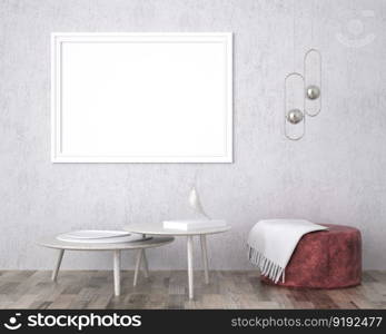 3D illustration mockup photo frame on the wall in living room, scandinavian style interior with cozy furniture decoration concept, rendering