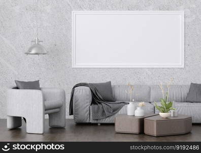 3D illustration mockup photo frame on the wall in living room, scandinavian style interior with cozy furniture and houseplant in natural decoration concept, rendering