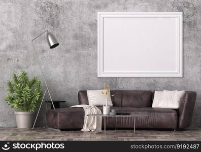 3D illustration mockup photo frame on the wall in living room, scandinavian style interior with cozy furniture and houseplant in natural decoration concept, rendering