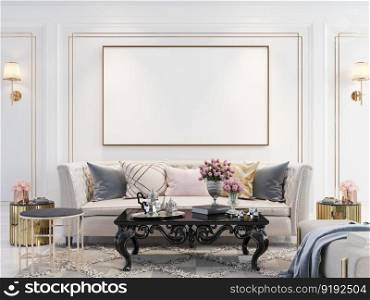 3D illustration mockup photo frame on the wall in living room, scandinavian style interior with cozy furniture decoration, rendering
