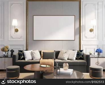 3D illustration mockup photo frame on the wall in living room, scandinavian style interior with cozy furniture decorated, rendering