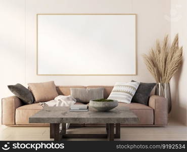 3D illustration mockup photo frame on the wall in living room, scandinavian style interior with cozy furniture and houseplant in natural decoration concept, rendering