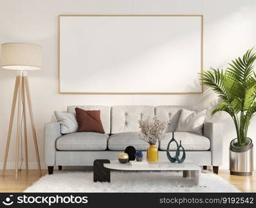 3D illustration mockup photo frame on the wall in living room, scandinavian style interior with cozy furniture and houseplant in natural decoration concept, rendering