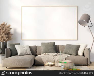 3D illustration mockup photo frame on the wall in living room, scandinavian style interior with cozy furniture and houseplant in natural decoration concept, rendering