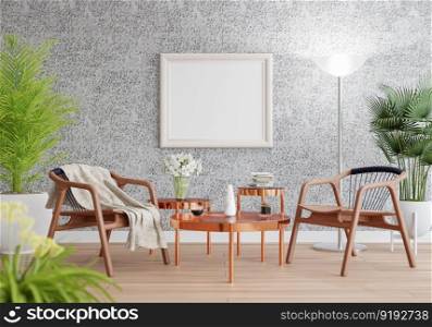 3D illustration mockup photo frame on the wall in living room, scandinavian style interior with wooden furniture and houseplant in natural decoration concept, rendering