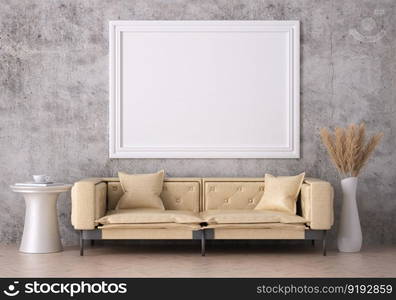 3D illustration mockup photo frame on the wall in living room, scandinavian style interior with cozy furniture, rendering