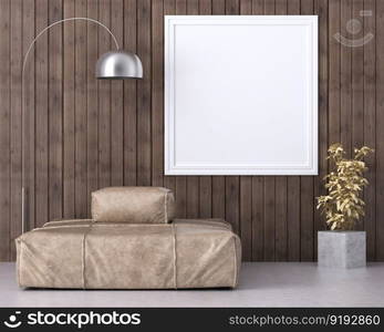 3D illustration mockup photo frame on the wall in living room, scandinavian style interior with cozy furniture, rendering