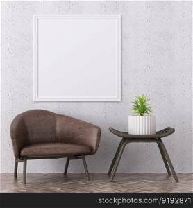 3D illustration mockup photo frame on the wall in living room, scandinavian style interior with armchair decoration concept, rendering
