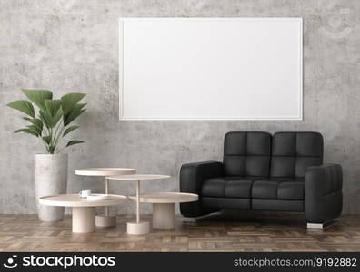 3D illustration mockup photo frame on the wall in living room, scandinavian style interior with cozy furniture and houseplant in natural decoration concept, rendering