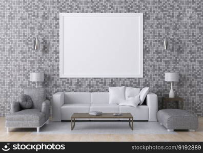 3D illustration mockup photo frame on the wall in living room, scandinavian style interior with cozy furniture, rendering