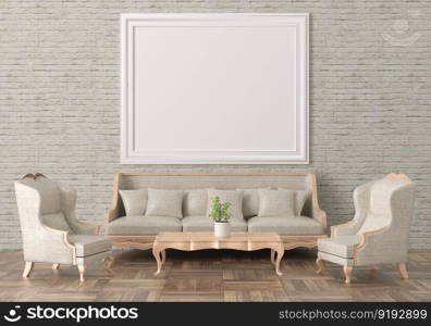 3D illustration mockup photo frame on the wall in living room, scandinavian style interior with cozy furniture decoration concept, rendering