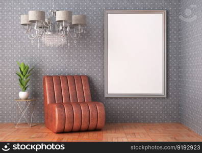 3D illustration mockup photo frame on the wall in living room, scandinavian style interior with cozy furniture, rendering