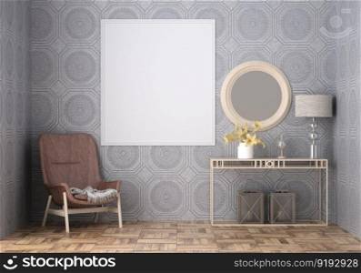 3D illustration mockup photo frame on the wall in living room, scandinavian style interior with cozy furniture and mirror, rendering