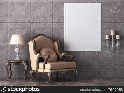 3D illustration mockup photo frame on the wall in living room, scandinavian style interior with cozy furniture, rendering