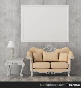 3D illustration mockup photo frame on the wall in living room, scandinavian style interior with cozy furniture decoration concept, rendering