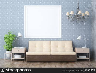 3D illustration mockup photo frame on the wall in living room, scandinavian style interior with cozy furniture and houseplant in natural decoration concept, rendering