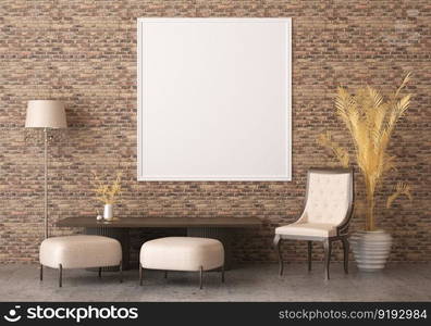 3D illustration mockup photo frame on the wall in living room, scandinavian style interior with cozy furniture decoration concept, rendering