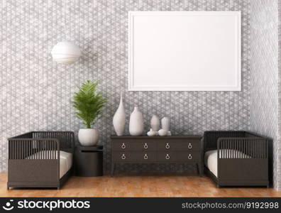 3D illustration mockup photo frame on the wall in living room, scandinavian style interior with cozy furniture and houseplant in natural decoration concept, rendering