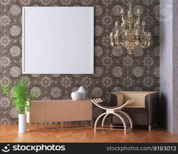 3D illustration mockup photo frame on the wall in living room, scandinavian style interior decoration concept, rendering