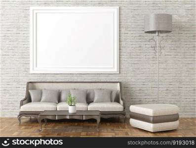 3D illustration mockup photo frame on the wall in living room, scandinavian style interior decoration concept, rendering