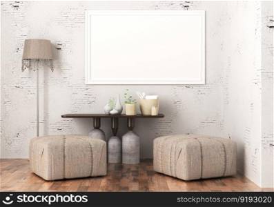 3D illustration mockup photo frame on the wall in living room, scandinavian style interior decoration concept, rendering