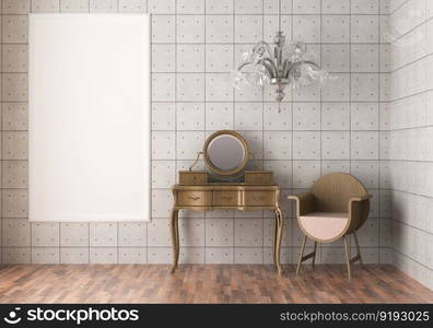 3D illustration mockup photo frame on the wall in living room, scandinavian style interior with cozy furniture, rendering