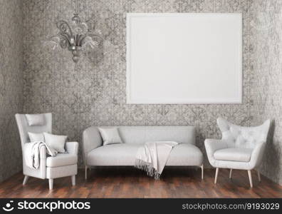 3D illustration mockup photo frame on the wall in living room, scandinavian style interior with cozy furniture, rendering