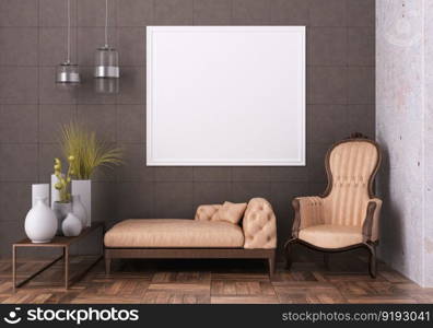 3D illustration mockup photo frame on the wall in living room, scandinavian style interior with cozy furniture, rendering